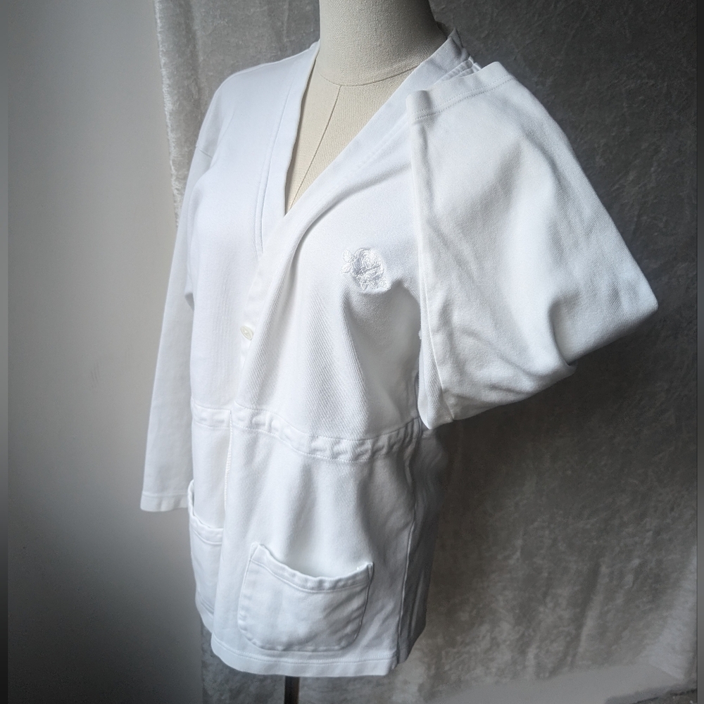 VTG Cape Isle Knitters Cotton Pure White Cardigan Pockets Drawstring Waist Rose